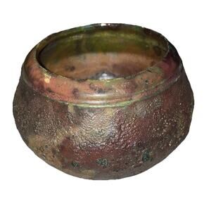 Vintage Raku Glazed Pottery Bowl Hand Made Metallic Like Colors Signed Dona 3.25